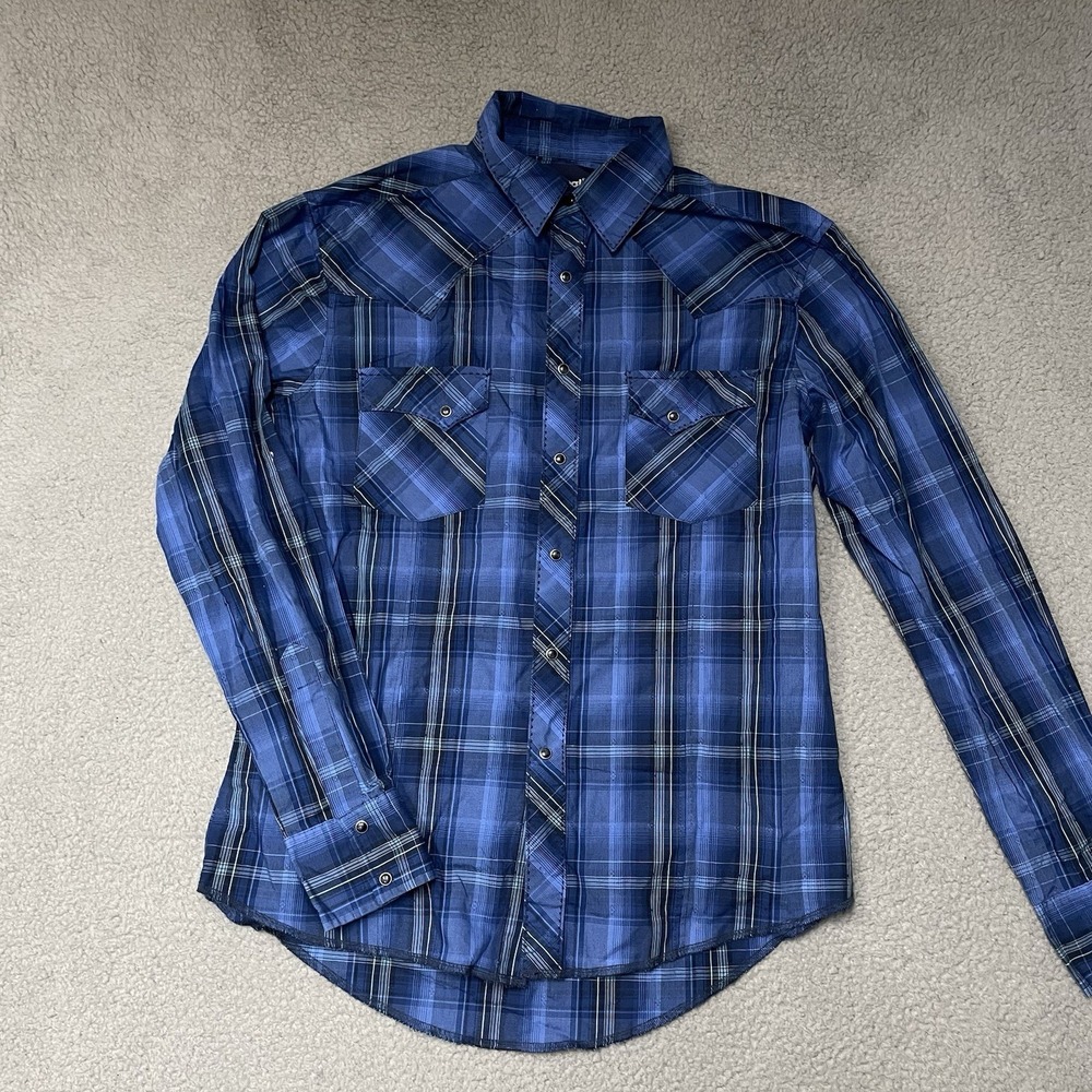 Wrangler Shirt Mens Medium Blue Plaid Long Sleeve Pearl Snap Western Cowboy